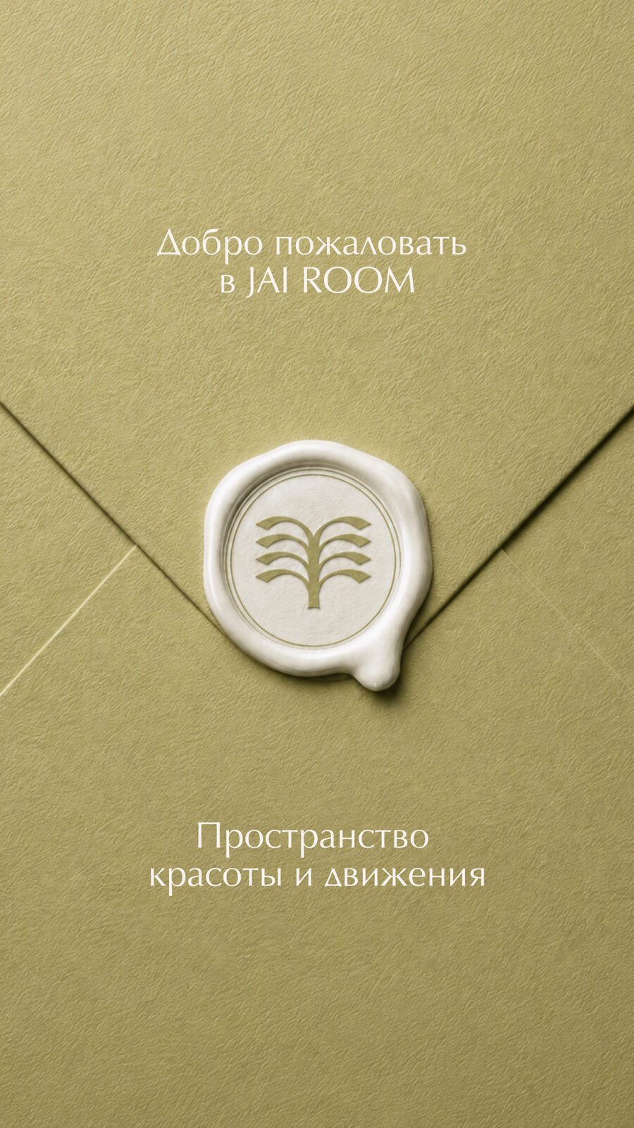 Оливковый конверт JAIROOM с восковой печатью-эмблемой: «Добро пожаловать в JAI ROOM»